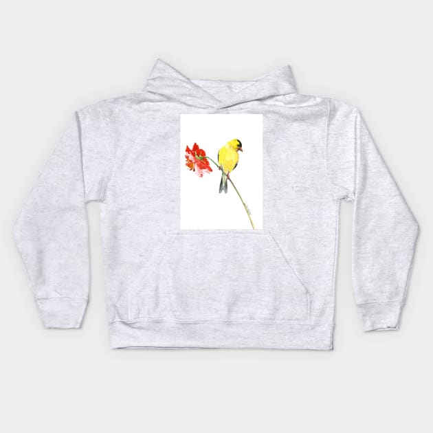 American Goldfinch and red Flower Kids Hoodie by surenart